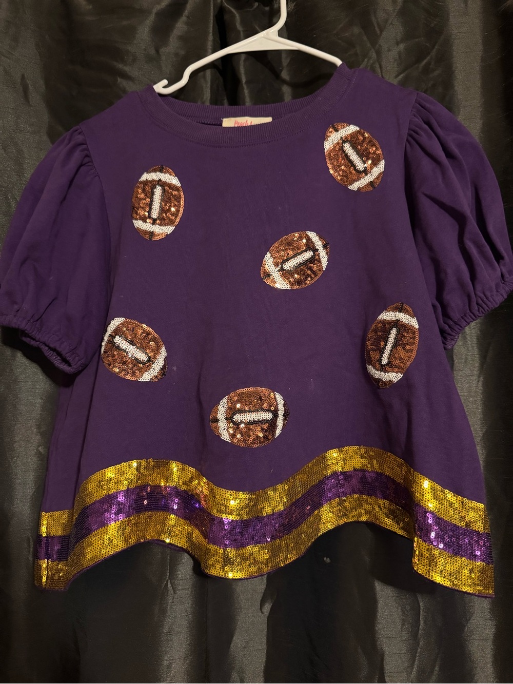 Purple Sequin Football Crop Tee with Gold Trim